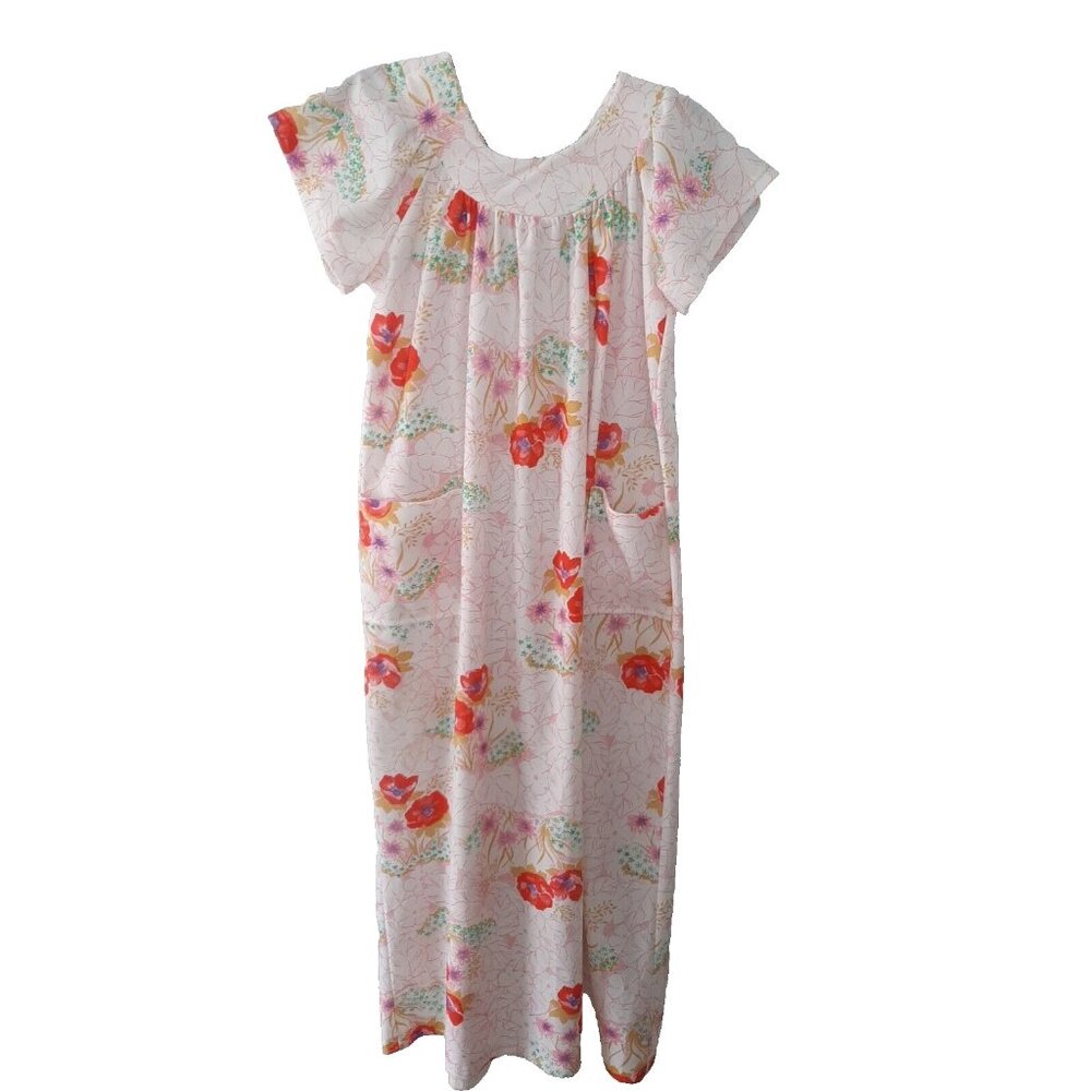 Vtg Pink Multi Floral Poppy Print Muumuu Maxi House Dress Pullover Casual S/M